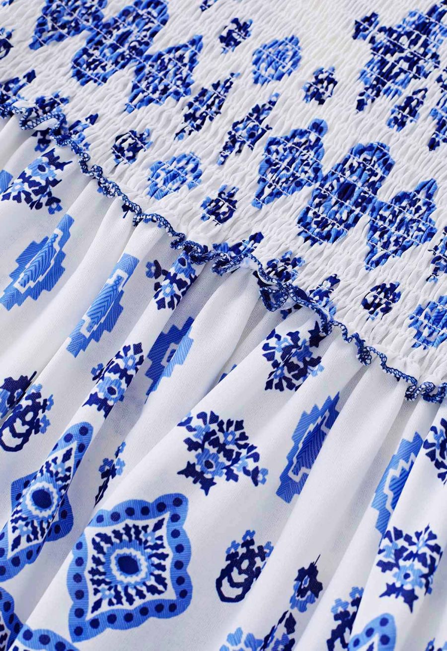 Blue Tiles Printed Tie-Strap Maxi Dress