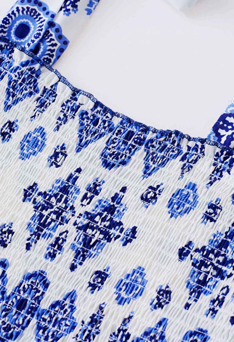 Blue Tiles Printed Tie-Strap Maxi Dress