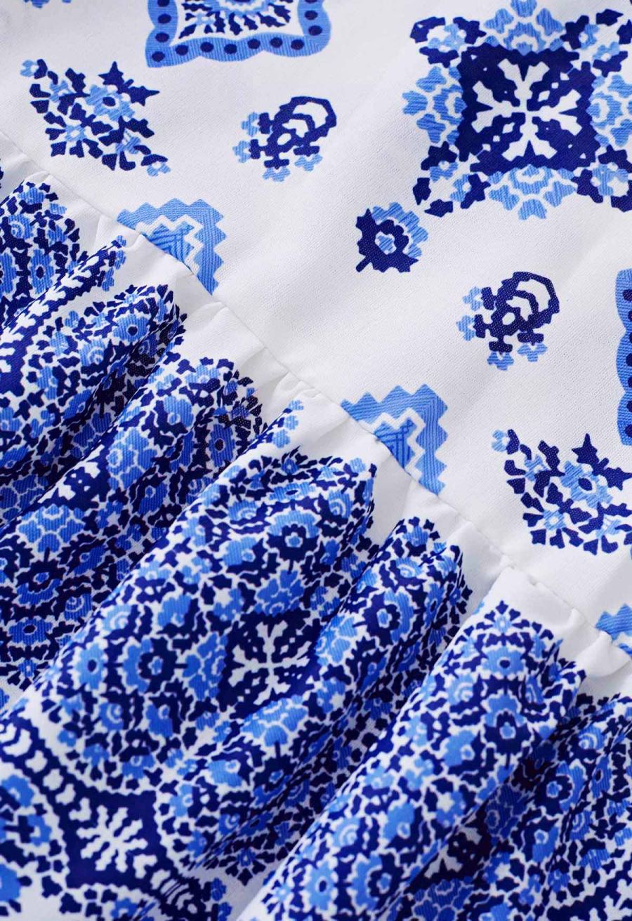 Blue Tiles Printed Tie-Strap Maxi Dress