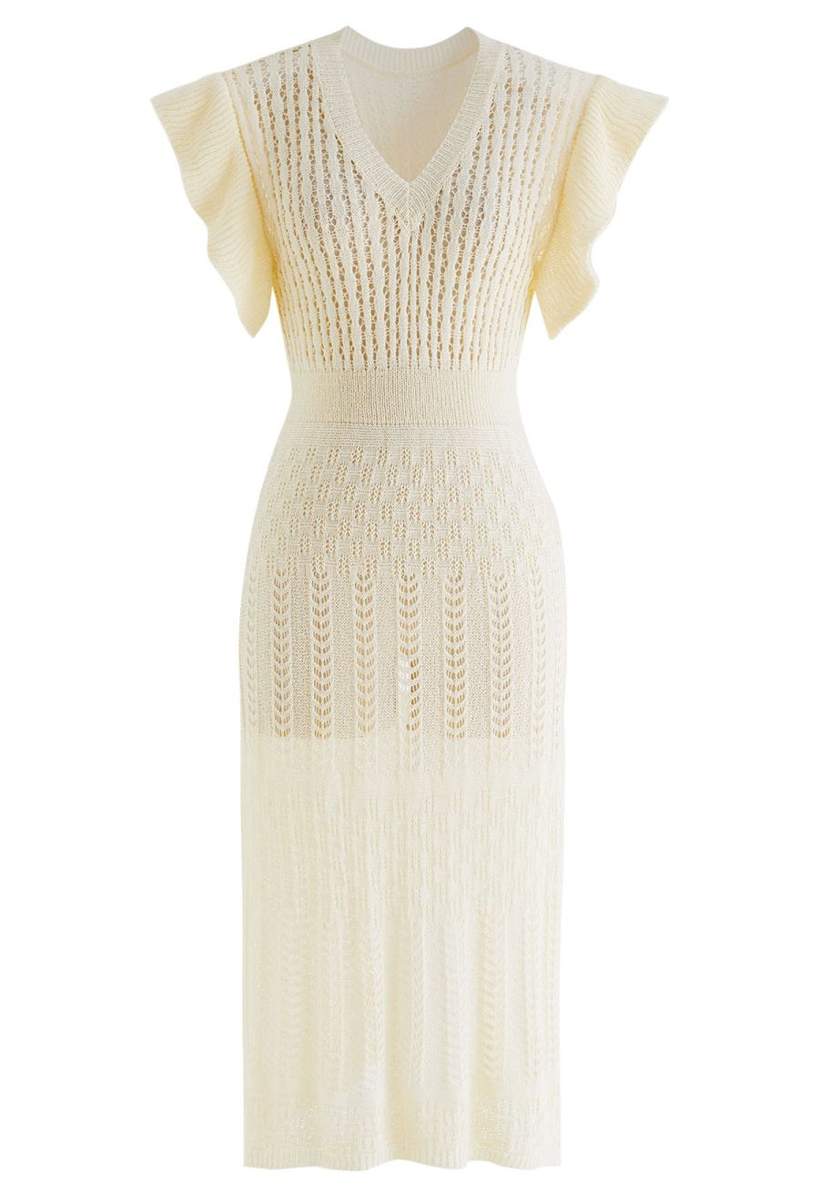 Flutter Sleeves Pointelle Knit Cover Up in Cream