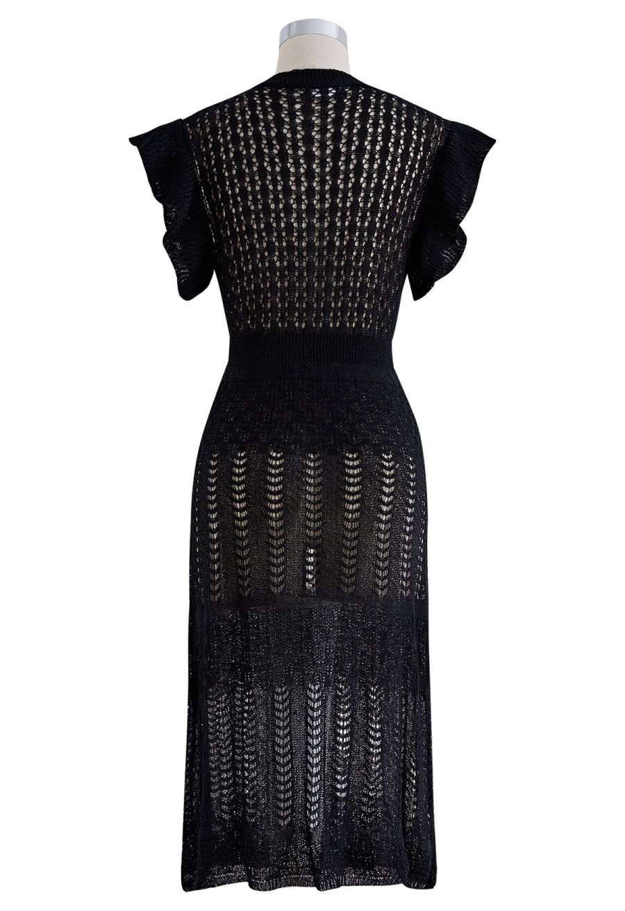 Flutter Sleeves Pointelle Knit Cover Up in Black