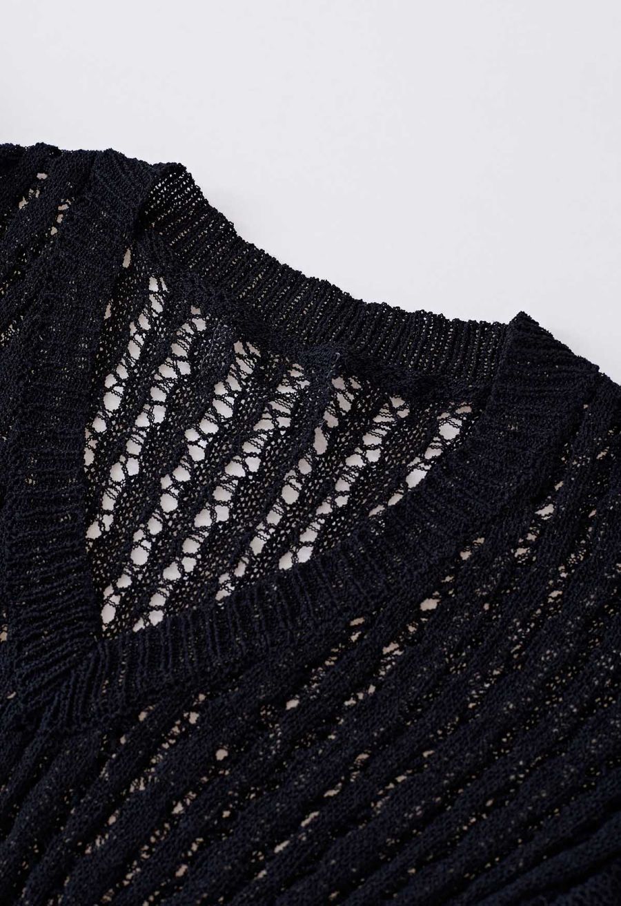 Flutter Sleeves Pointelle Knit Cover Up in Black