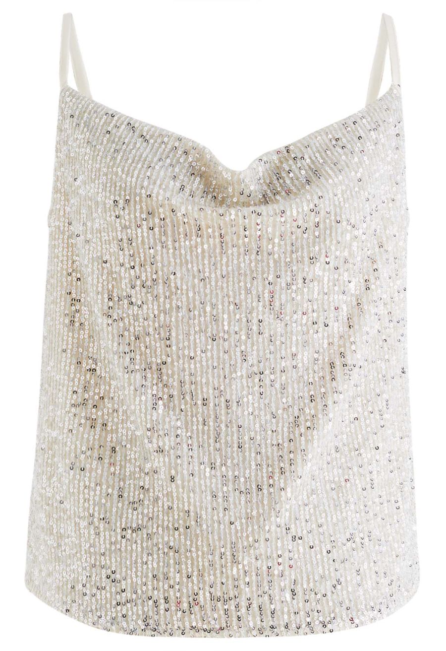 Cowl Neck Sequined Cami Top in Silver