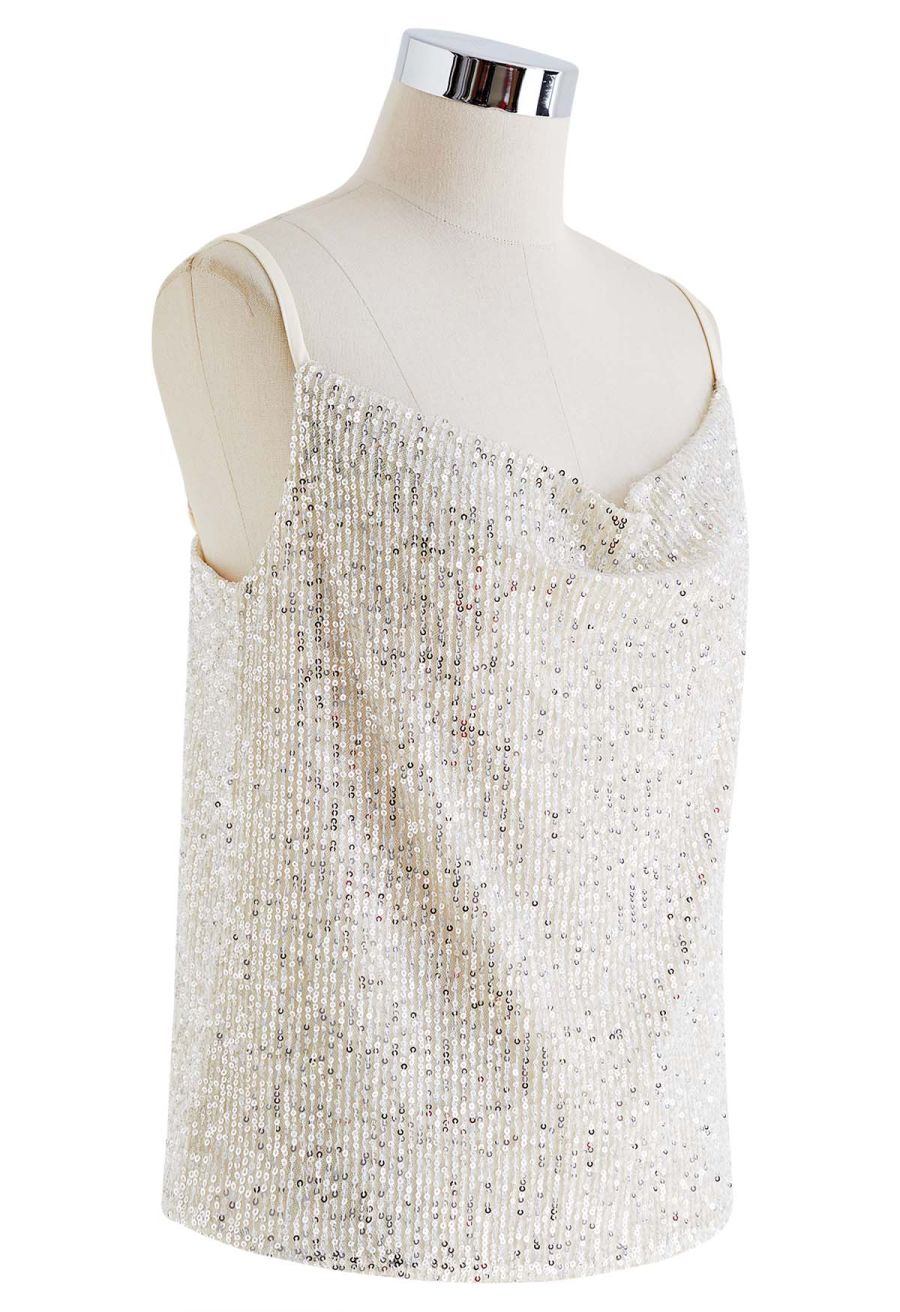 Cowl Neck Sequined Cami Top in Silver