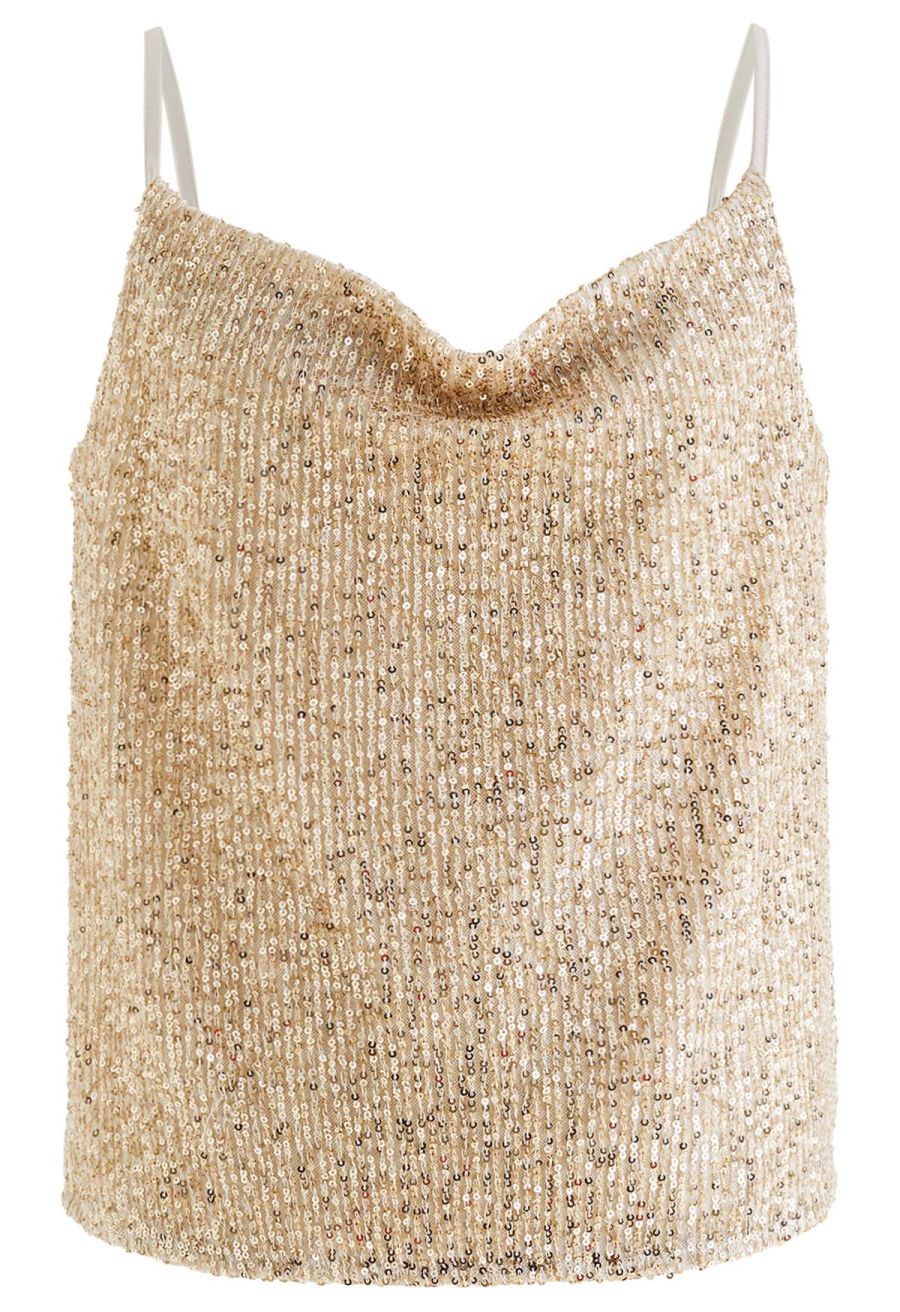 Cowl Neck Sequined Cami Top in Gold