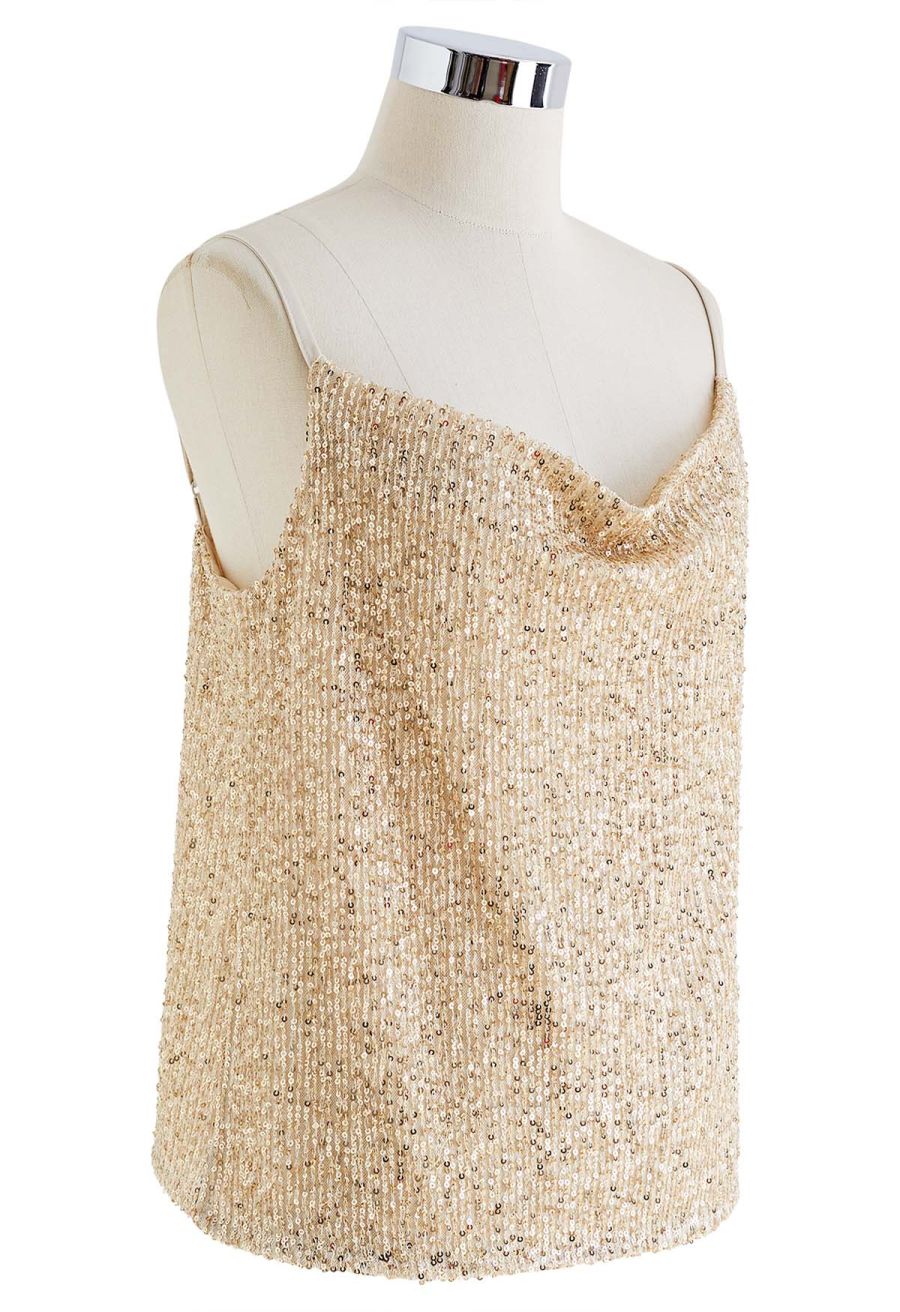 Cowl Neck Sequined Cami Top in Gold