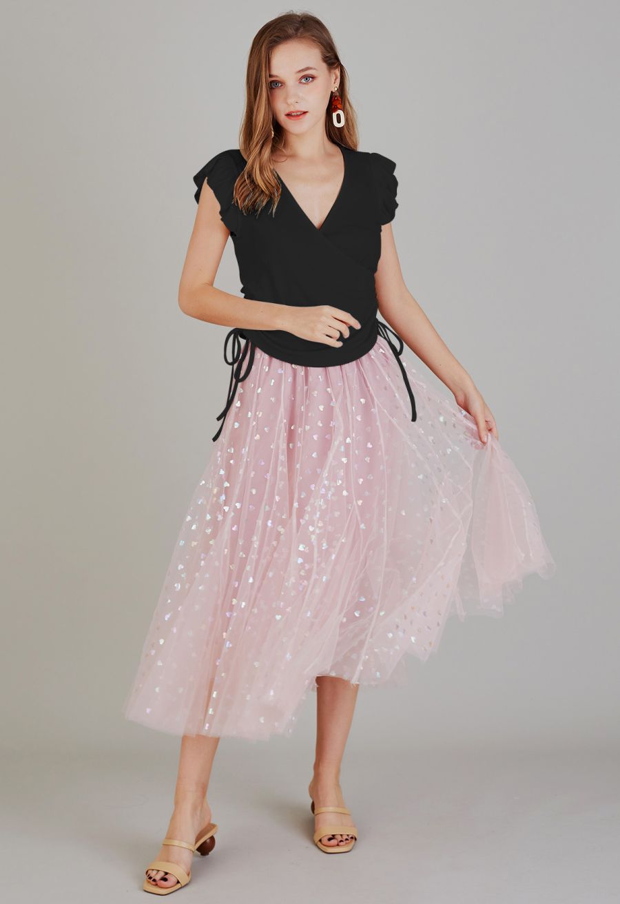 Drawstring Faux-Wrap Ruffle Sleeveless Top in Black