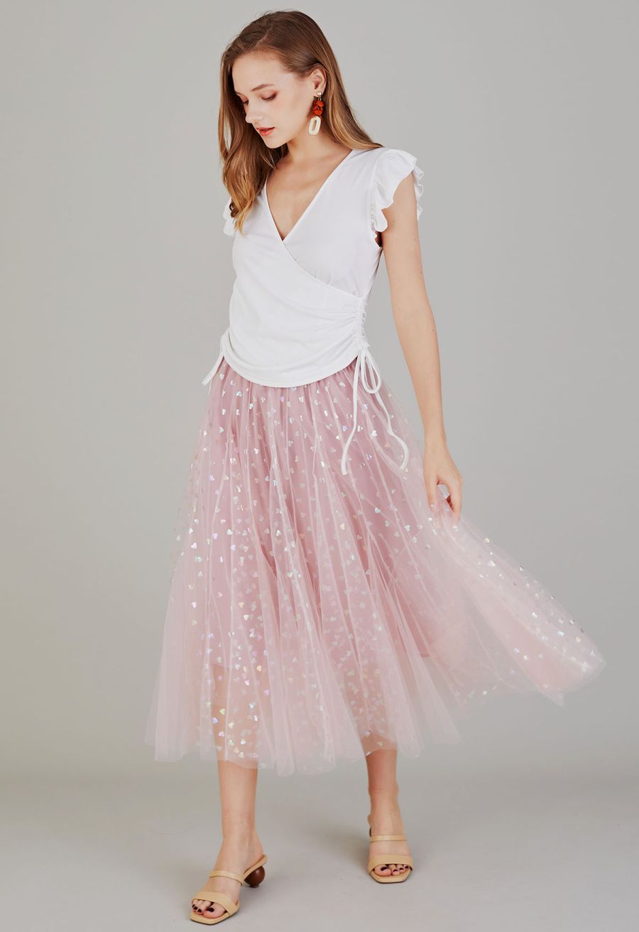 Iridescent Hearts Mesh Tulle Midi Skirt in Pink