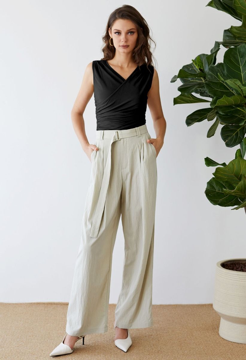 Faux-Wrap Ruched Sleeveless Top in Black