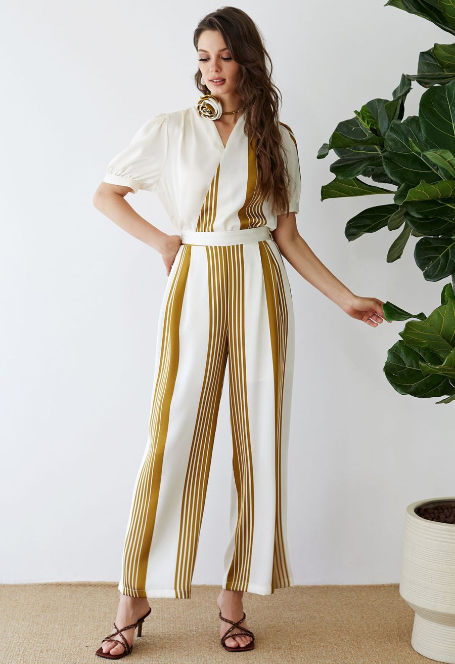 Contrast Stripe Flower Choker Wrap Top in Mustard