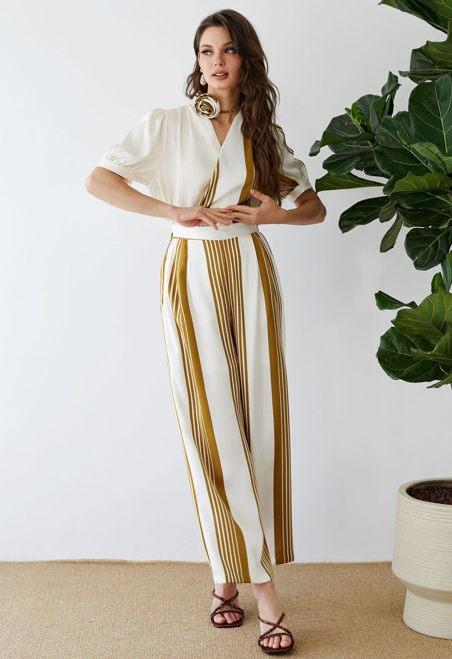 Contrast Stripe Flower Choker Wrap Top in Mustard