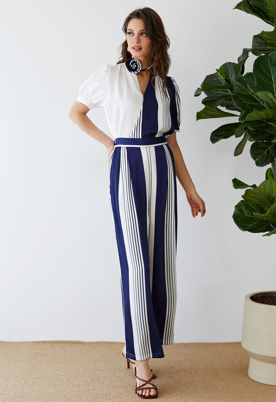 Contrast Stripe Flower Choker Wrap Top in Navy