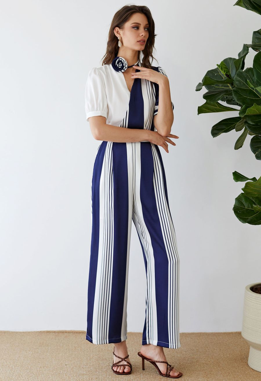 Contrast Stripe Flower Choker Wrap Top in Navy