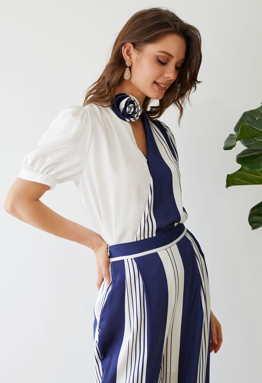 Contrast Stripe Flower Choker Wrap Top in Navy