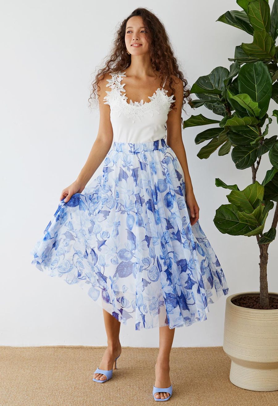 Indigo Lemon Printed Mesh Tulle Midi Skirt