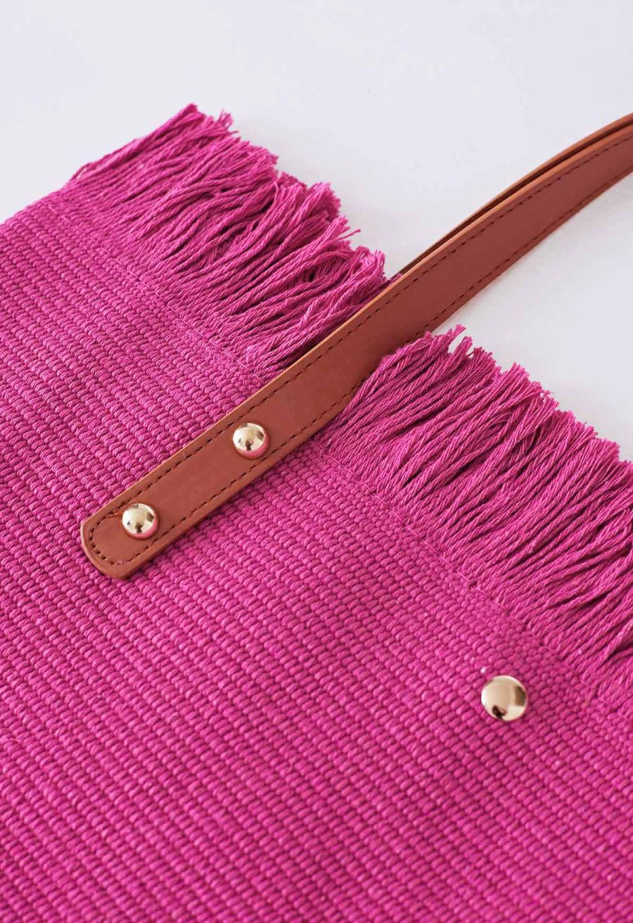 Tassel Trim Canvas Tote Bag in Magenta