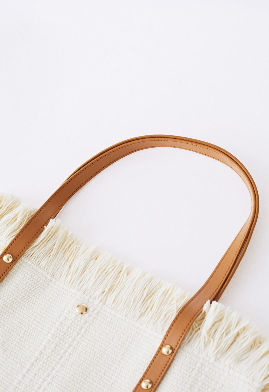 Tassel Trim Canvas Tote Bag in Cream