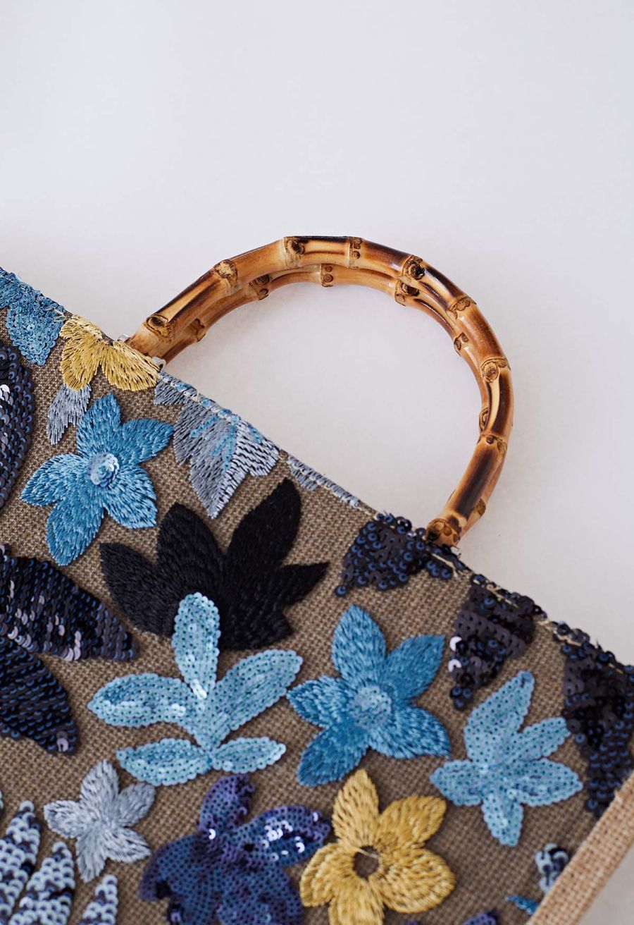 Sequin Floral Embroidered Bamboo Handle Tote Bag in Blue