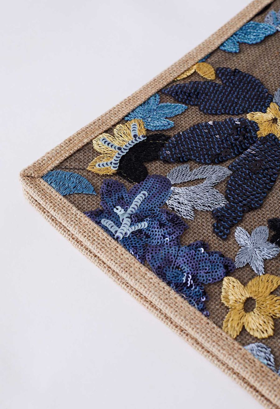 Sequin Floral Embroidered Bamboo Handle Tote Bag in Blue