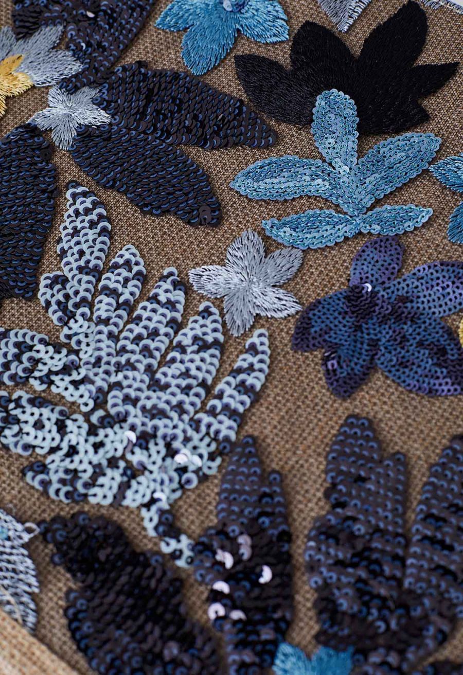 Sequin Floral Embroidered Bamboo Handle Tote Bag in Blue