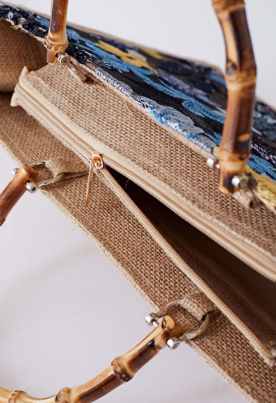 Sequin Floral Embroidered Bamboo Handle Tote Bag in Blue