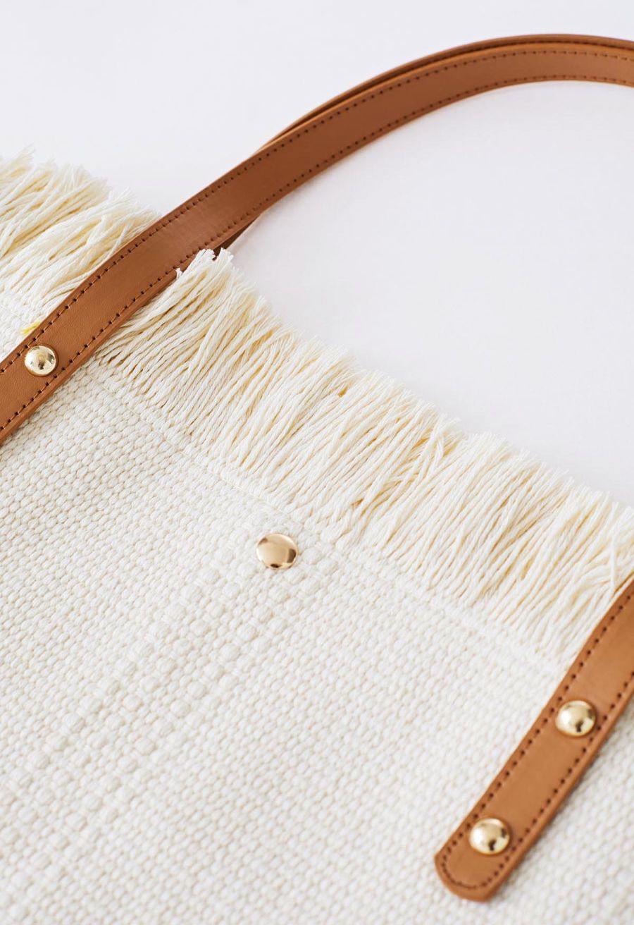 Tassel Trim Canvas Tote Bag in Cream