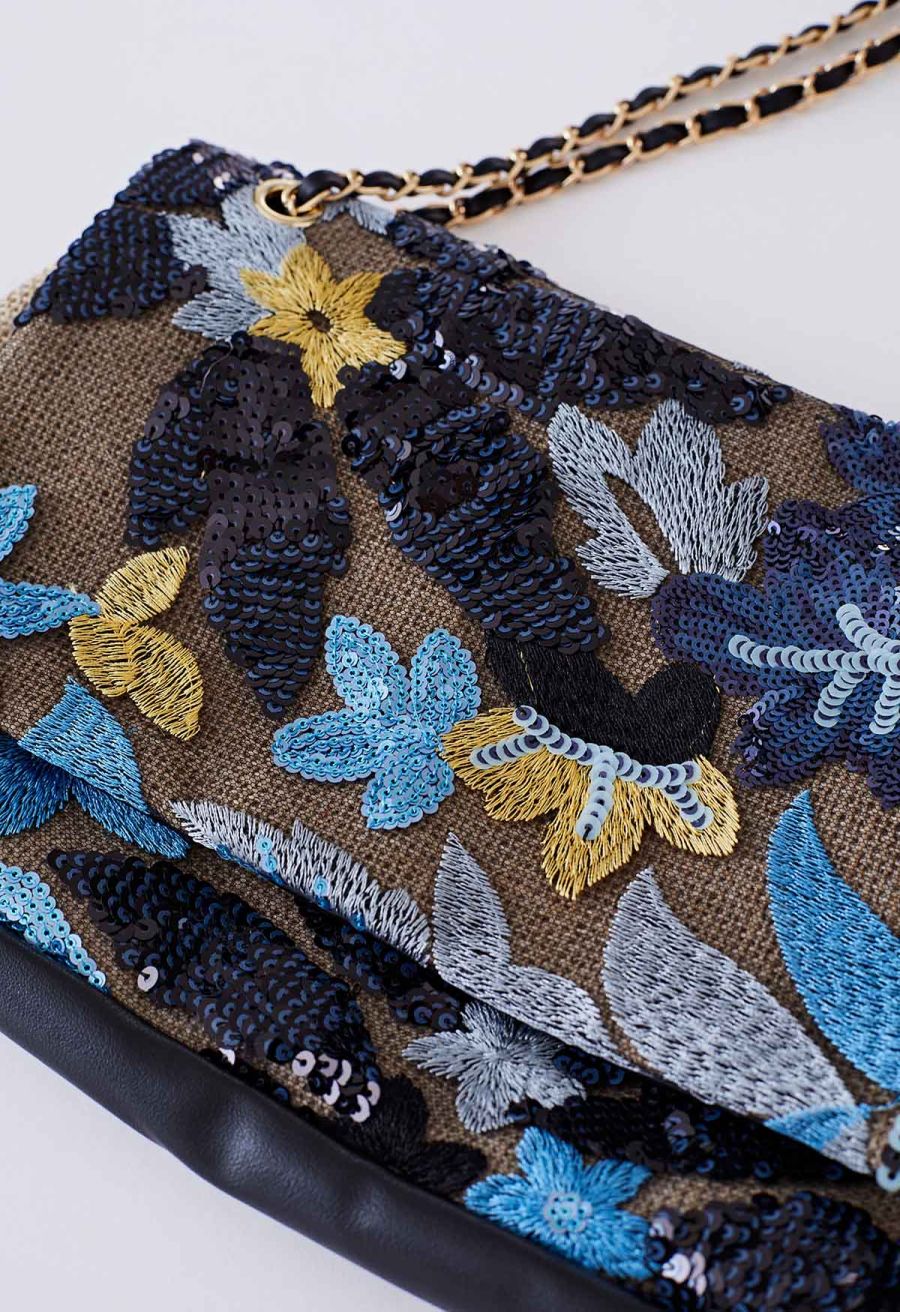 Sequin Floral Embroidered Shoulder Bag in Blue