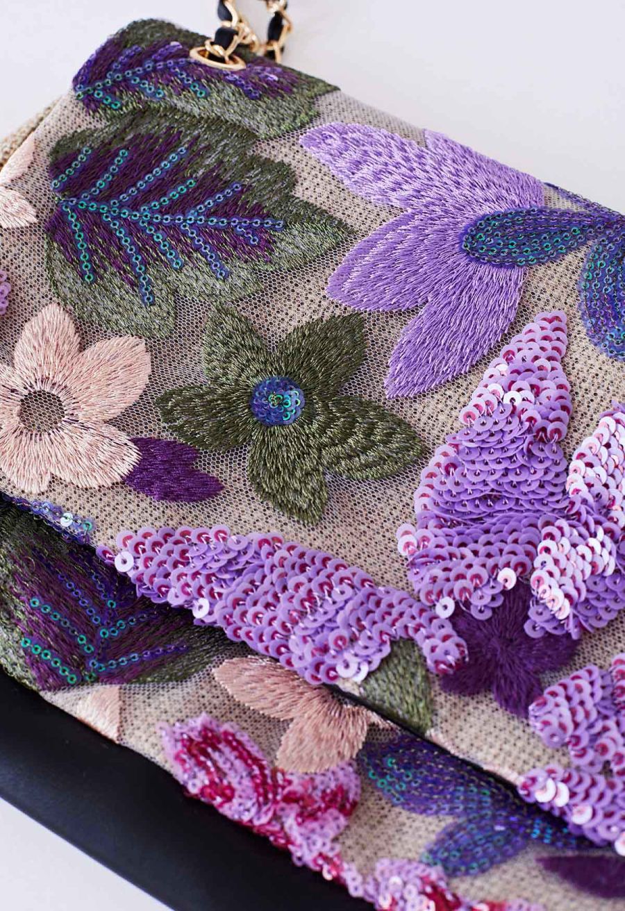 Sequin Floral Embroidered Shoulder Bag in Violet