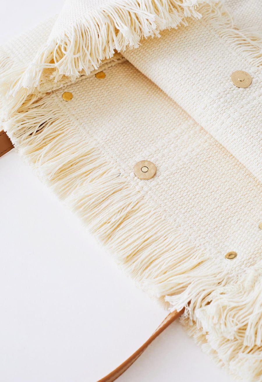 Tassel Trim Canvas Tote Bag in Cream