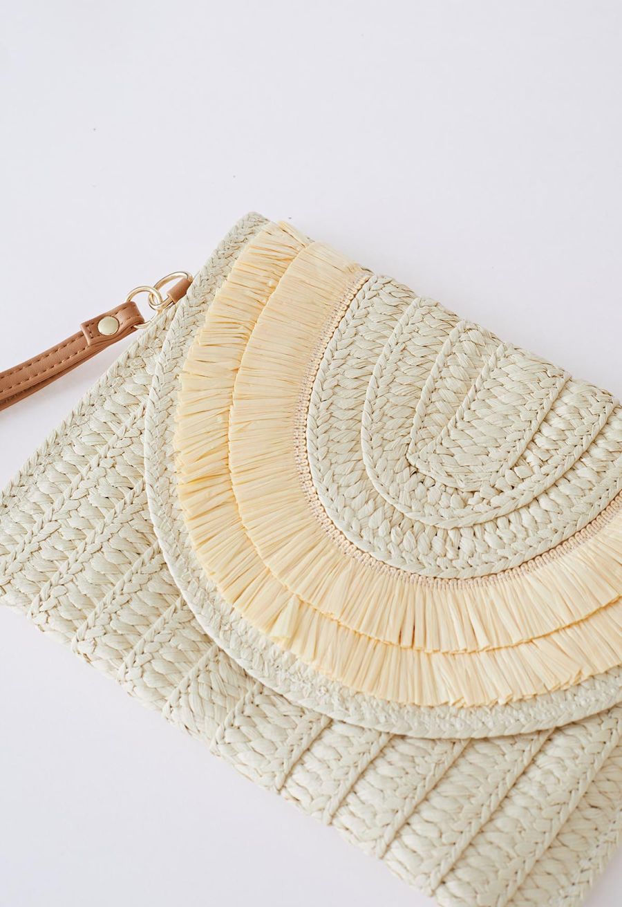 Raffia Solid Color Envelope Bag in Cream