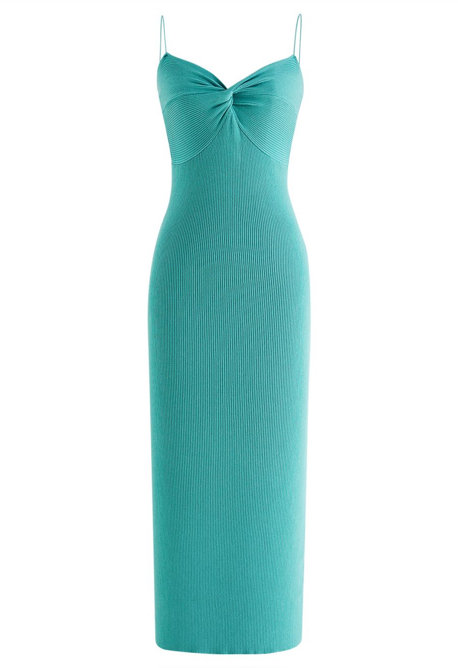 Twist Front Bodycon Knit Cami Dress in Turquoise
