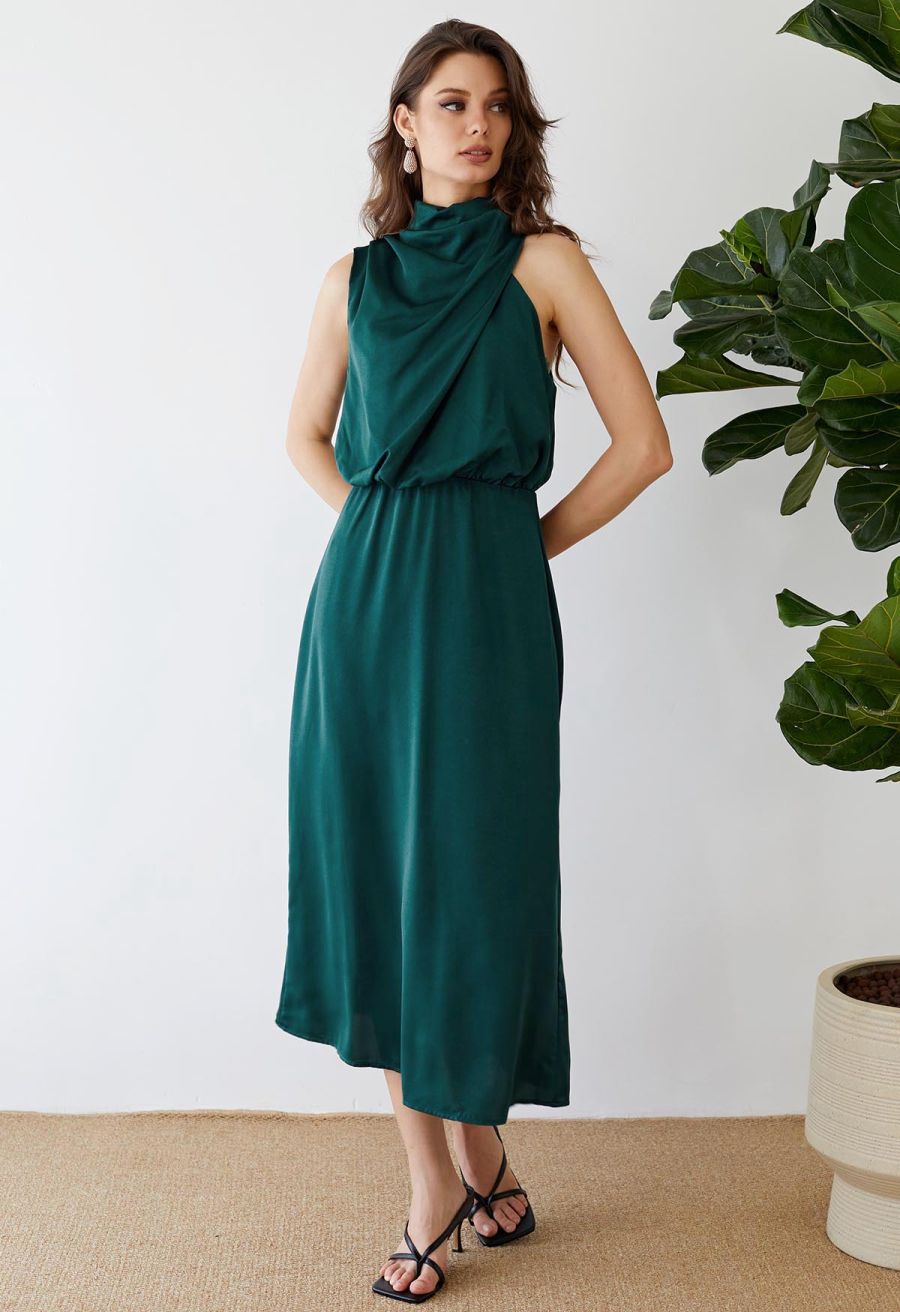 Asymmetric Ruched Neckline Sleeveless Dress in Dark Green