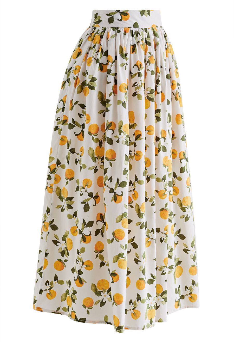 Refreshing Orange Printed Maxi Skirt in Ivory