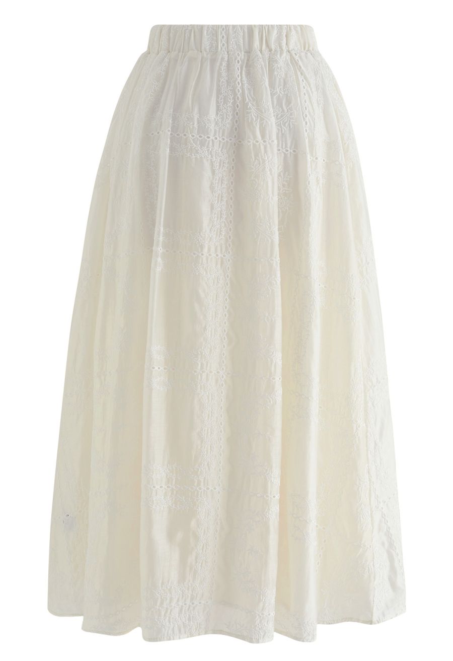 Branch Embroidery Checked Maxi Skirt in Cream