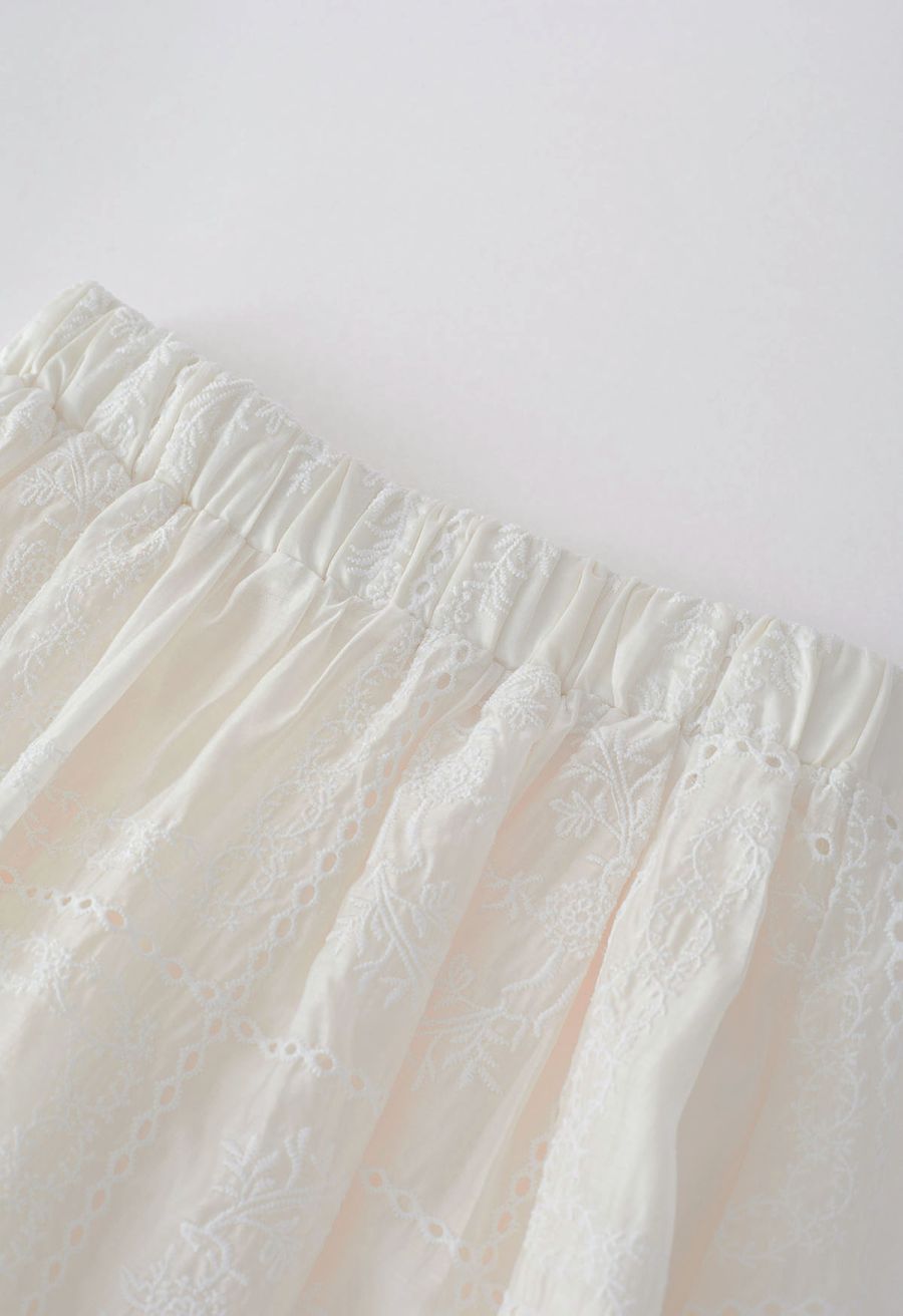 Branch Embroidery Checked Maxi Skirt in Cream