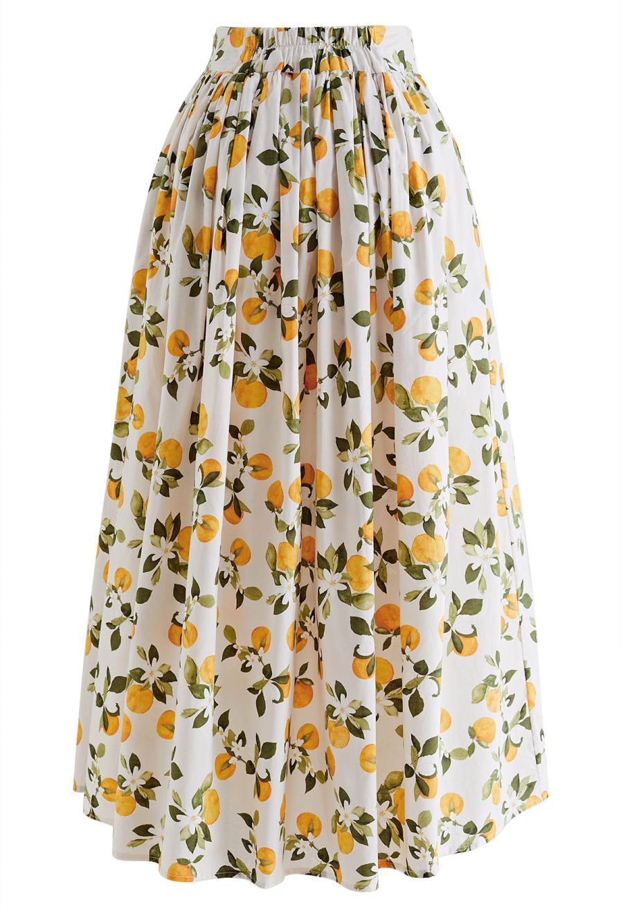 Refreshing Orange Printed Maxi Skirt in Ivory