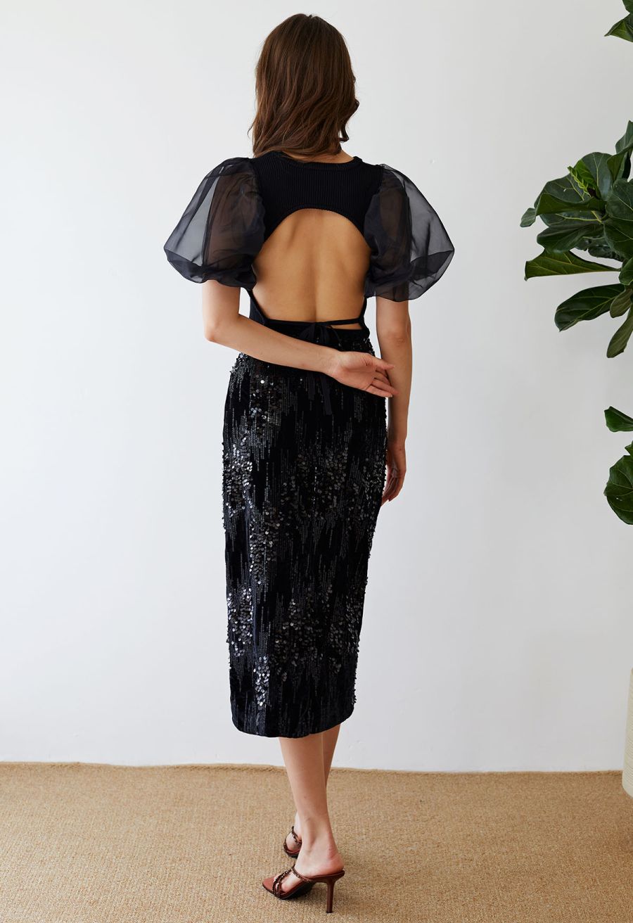 Velvet Sequins Embellished Pencil Skirt in Black