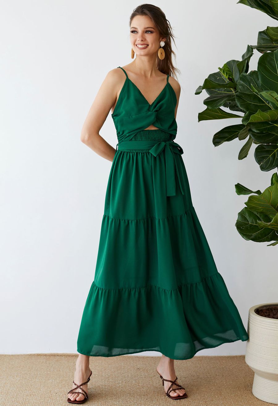 Twist Cutout Shirred Cami Maxi Dress in Green