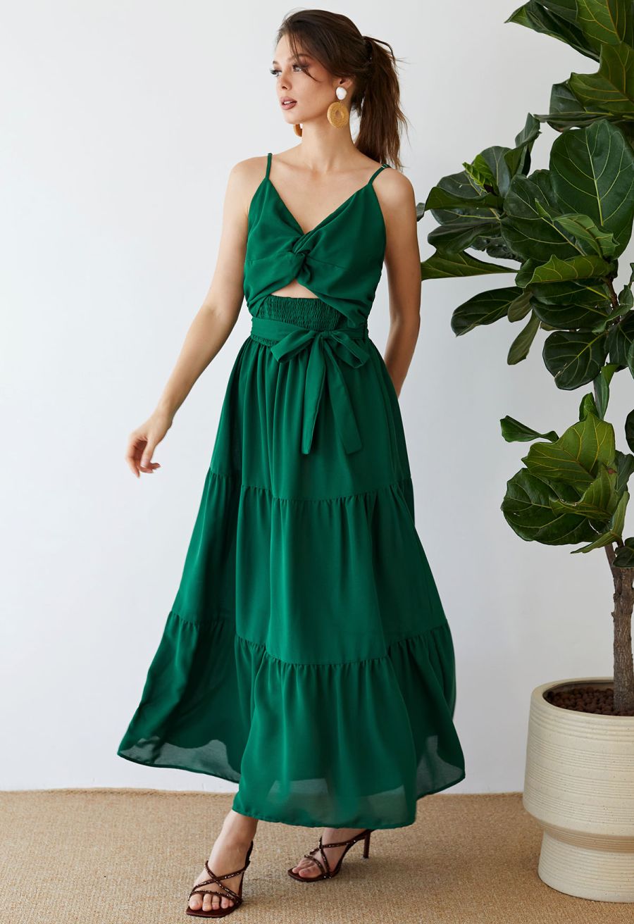 Twist Cutout Shirred Cami Maxi Dress in Green