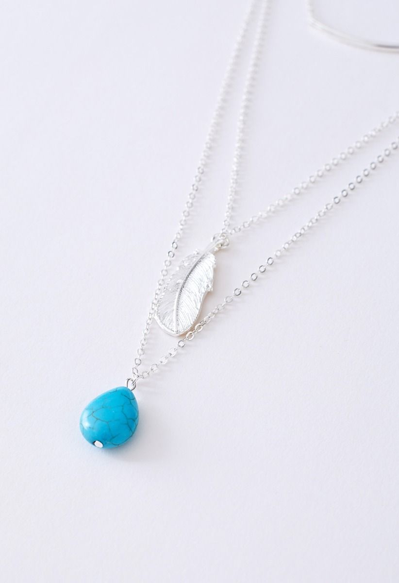 Turquoise Feather Pendant Multi-Layered Necklace in Silver