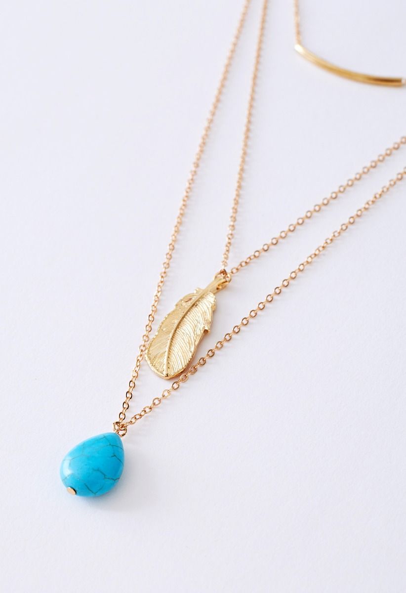 Turquoise Feather Pendant Multi-Layered Necklace in Gold