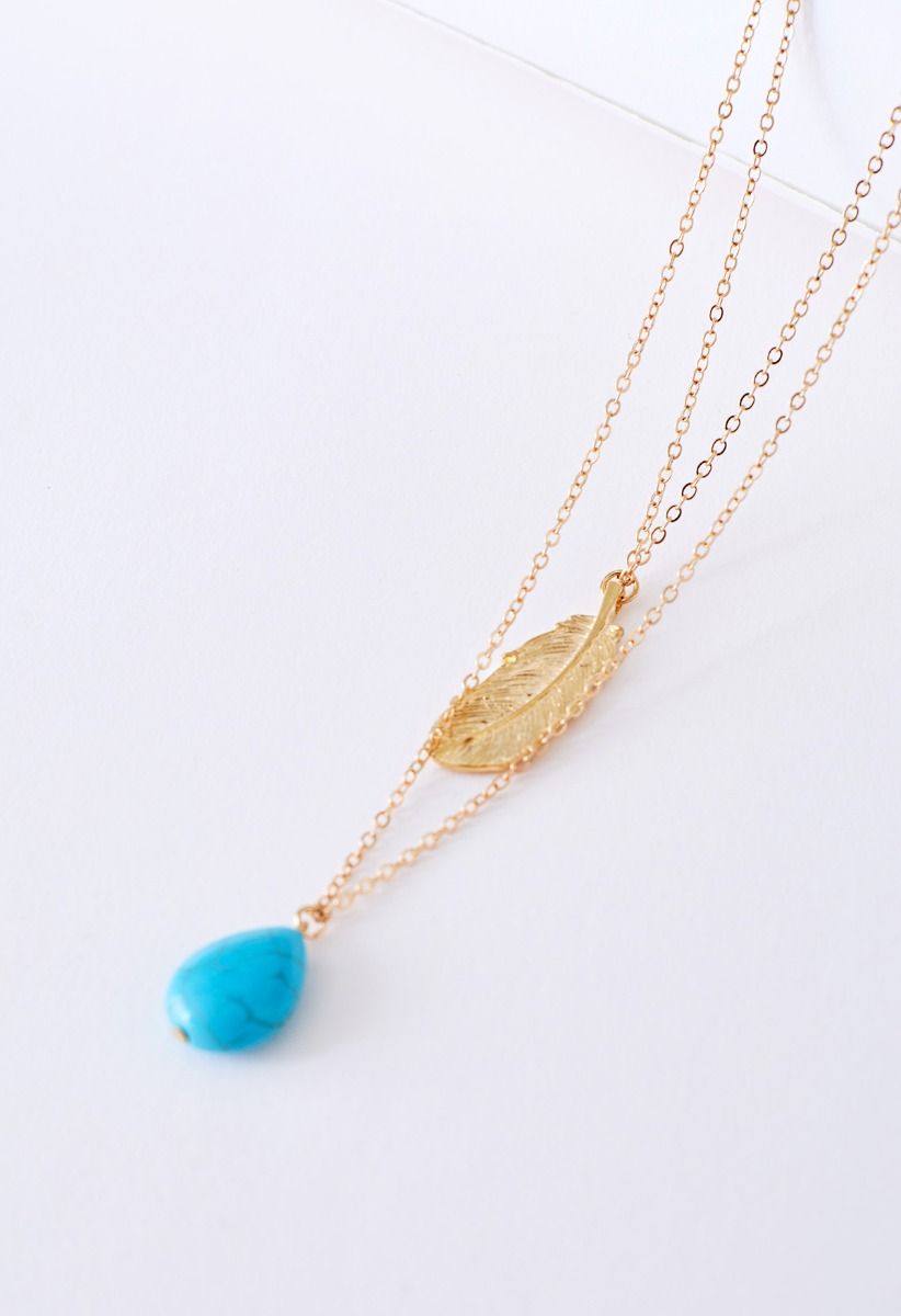 Turquoise Feather Pendant Multi-Layered Necklace in Gold