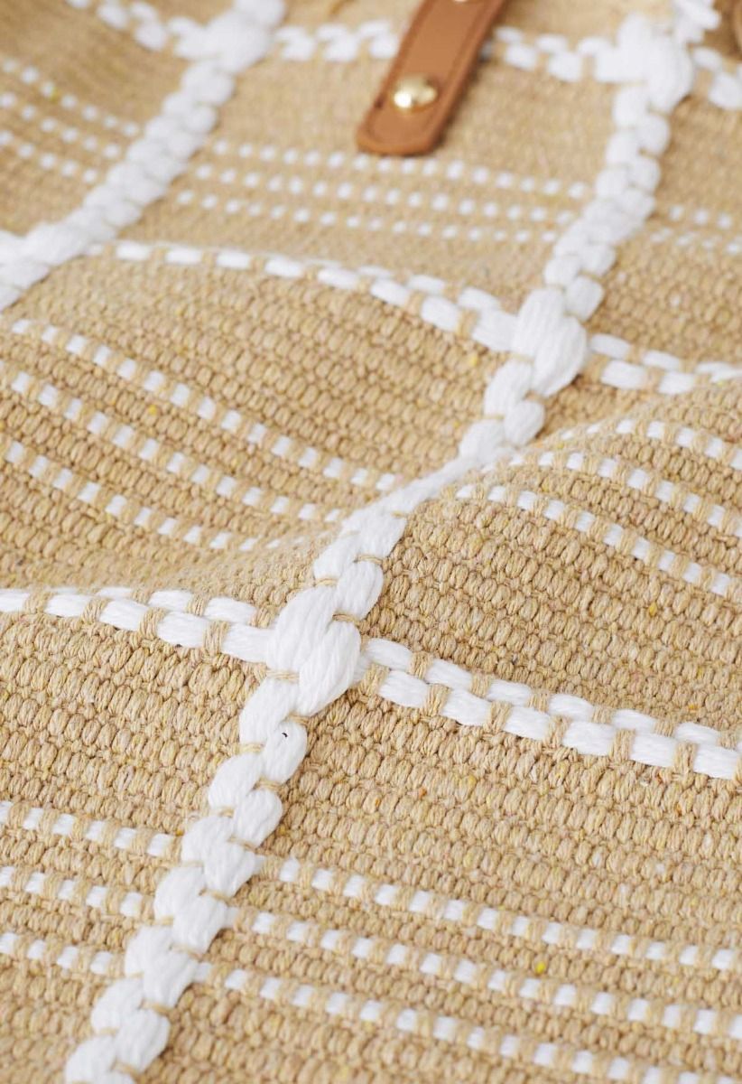 Tassel Trim Canvas Tote Bag in Grid