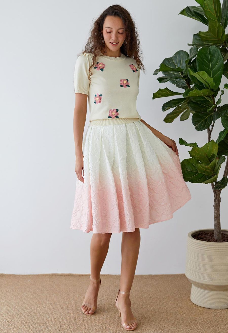 Pink Stitch Flower Short Sleeve Knit Top in Cream