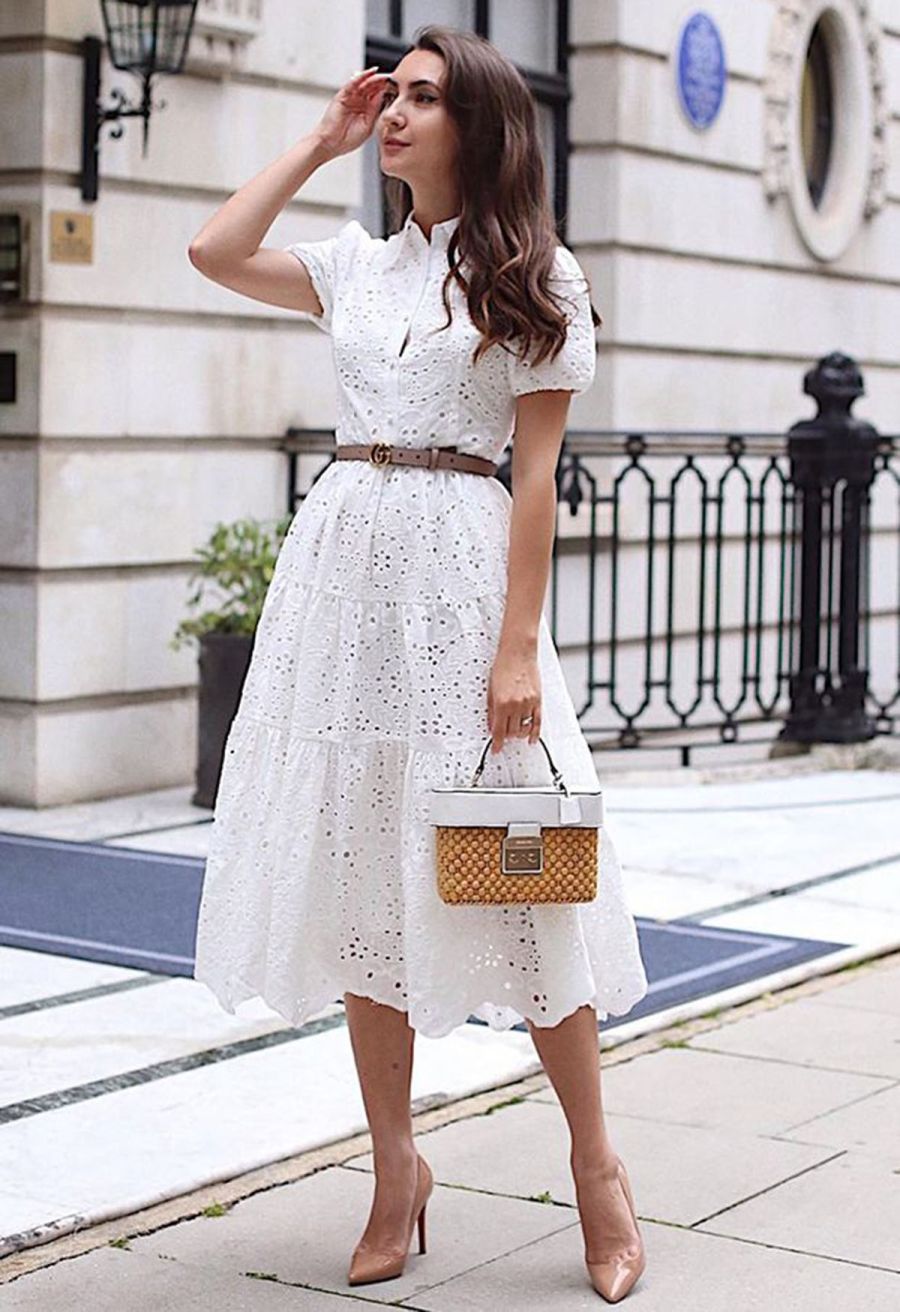 Crochet Collar Embroidered Eyelet Cotton Dress