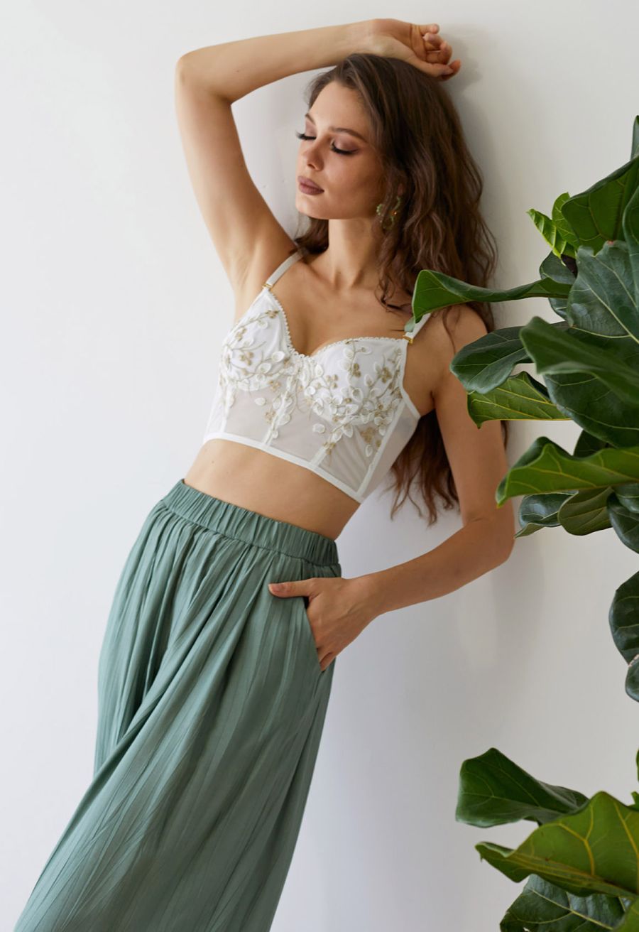 Branch Embroidered Mesh Bra Top in White