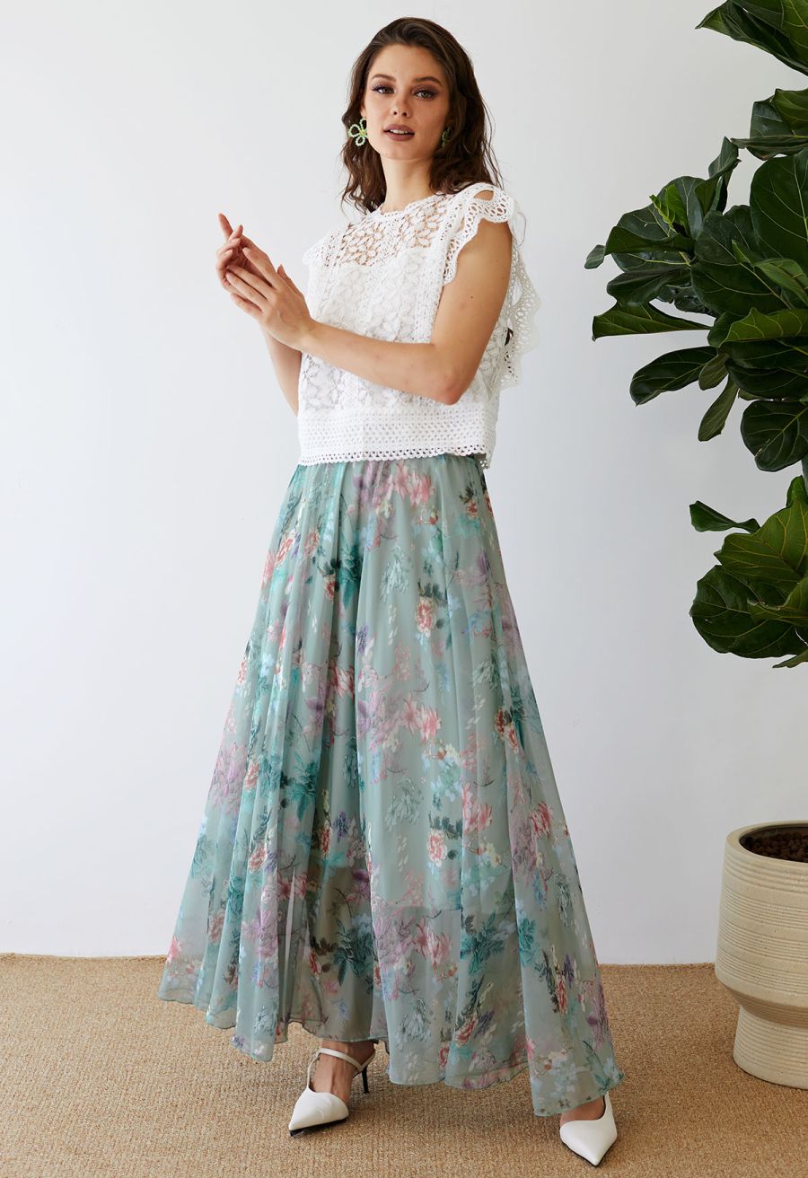 Exuberant Floral Chiffon Maxi Skirt in Green