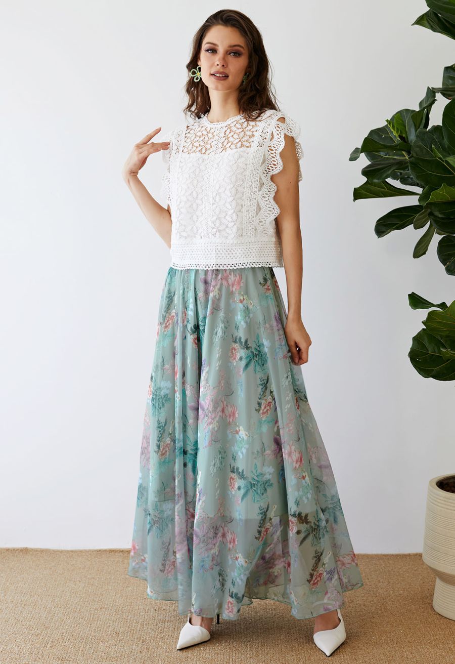 Exuberant Floral Chiffon Maxi Skirt in Green