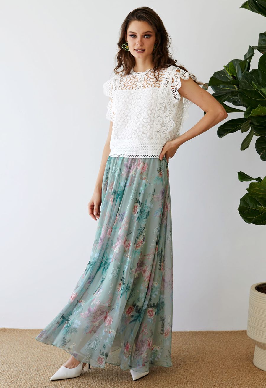 Exuberant Floral Chiffon Maxi Skirt in Green
