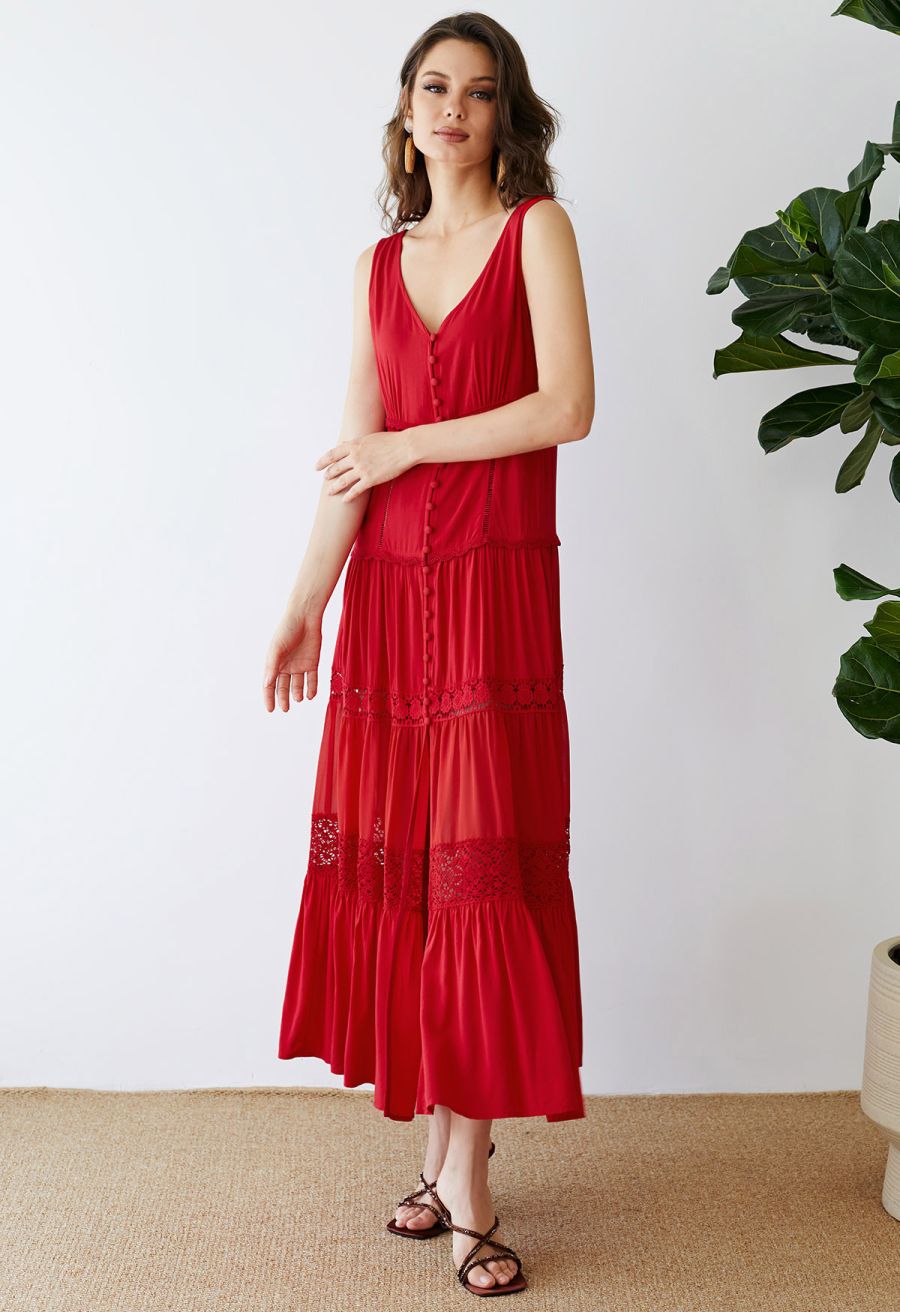 Crochet Trims Panelled Button Down Sleeveless Maxi Dress in Red